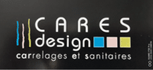 CARES design : Carrelages et Sanitaires Design Logo CARES design carrelages et sanitaires, avec trois lignes stylisées et trois carrés colorés (bleu, rose, vert).