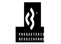 Logo Parqueterie Berrichonne : Expert en Parquet Logo noir et blanc de Parqueterie Berrichonne : motif abstrait stylisé au-dessus du texte centré.